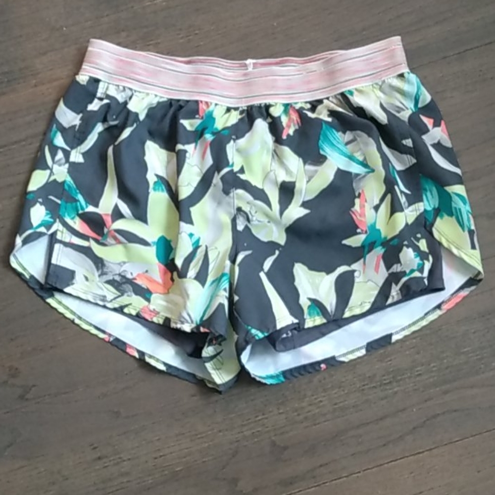Tropical Bright Green Yellow Print Avia  Lined Work Out Shorts